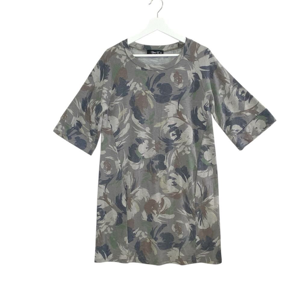 Nimi K Dress Womens Medium Brown Green Floral Camo Cap Wide Sleeve Pockets